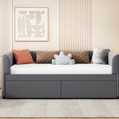 Lit de jour simple avec support pour le dos ergonomique et 2 tiroirs, tiroirs en velours gris chic