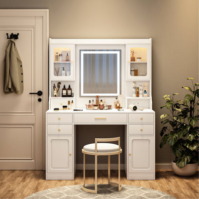 Table de coiffeuse avec grand miroir, 6 tiroirs, 4 casiers et une tablette, idéale pour la chambre à coucher, grand maquillage 5 + 2 portes, design américain, matériau blanc
