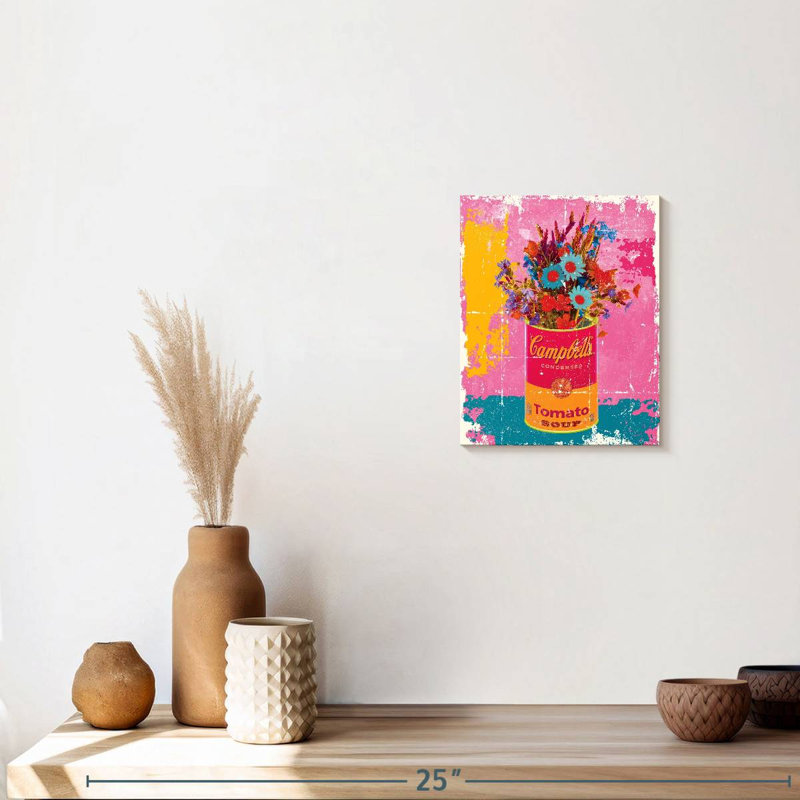 Fleurs sur pot de soupe sur toile, H 10 po x l 8 po x P 1 po