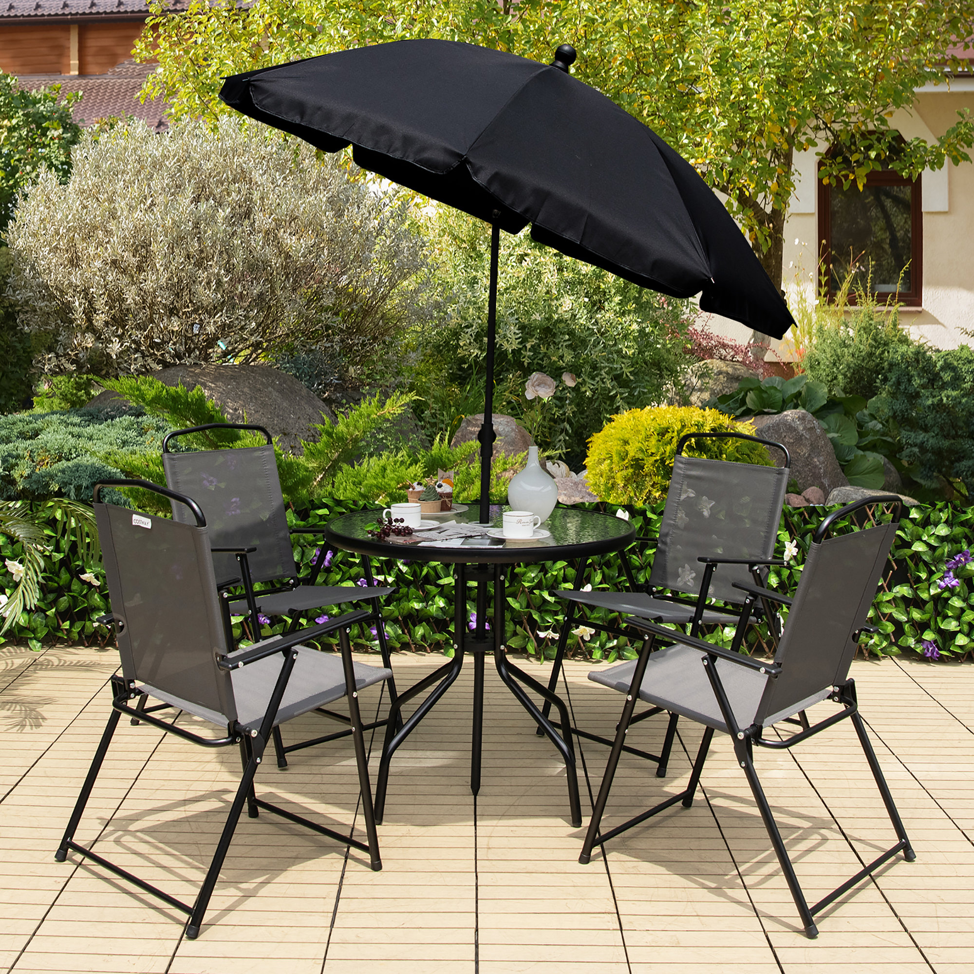 Latitude Run® Marcheline Round 4 - Person Dining Set with Umbrella ...