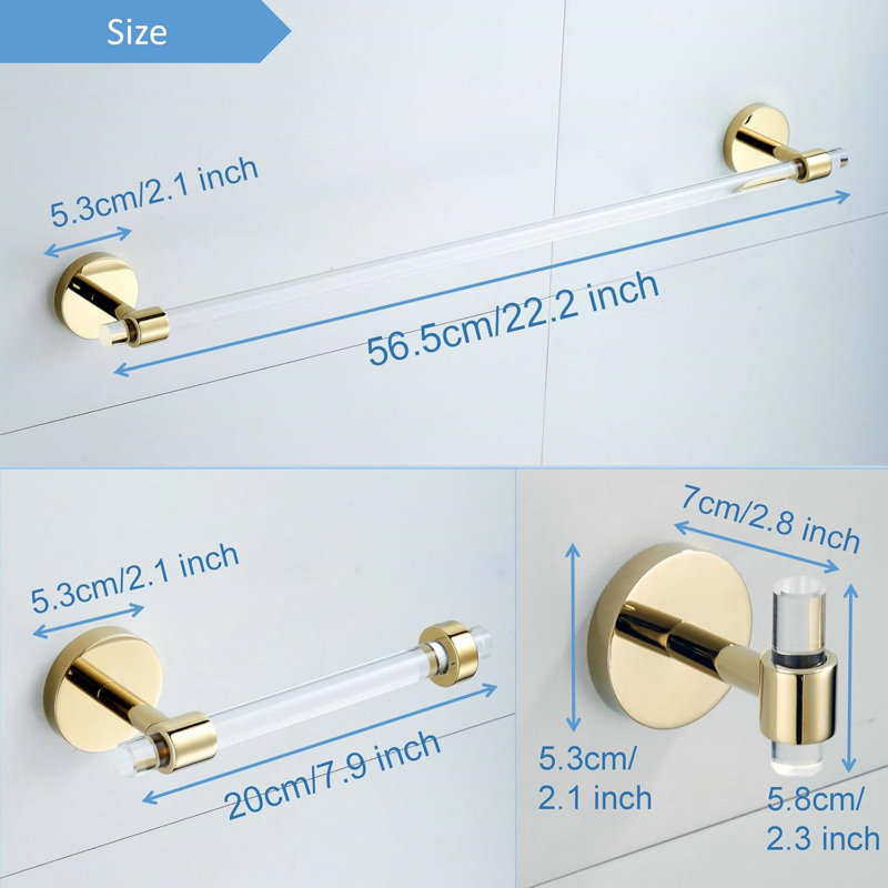 Acrylic Gold Bathroom Accessories Set - Wall Mounted Towel Bar, Toilet Paper Holder And Hook - Modern Bathroom Hardware Set With Brass Base - Durable And Rustproof