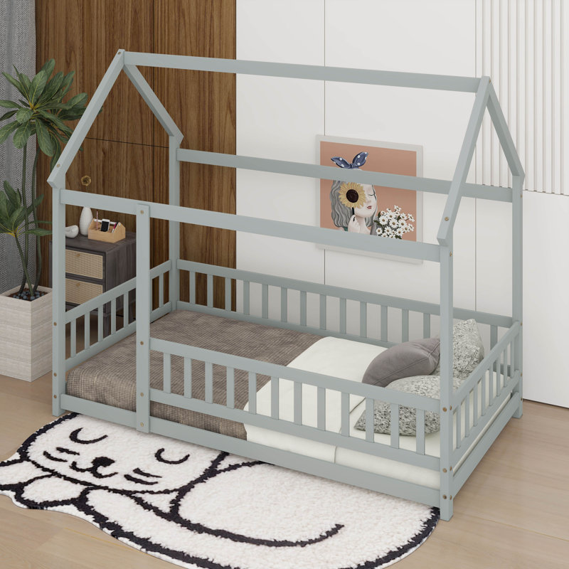 Lit en bois pour lit simple avec structure de toit, Gris