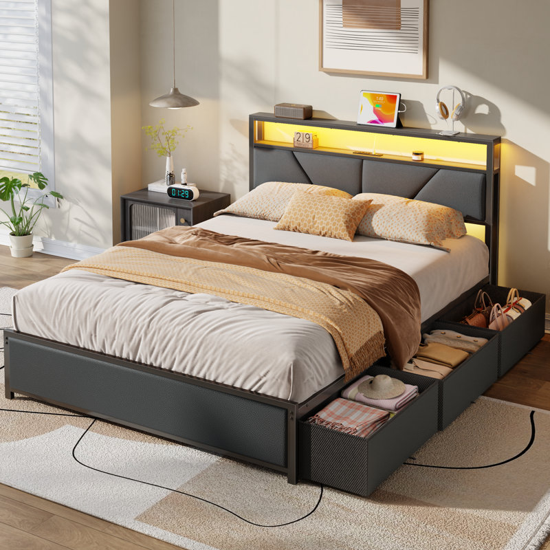 Queen Bed Frame with 6 Underbed Drawers and Open Storage Headboard, Upholstered Platform Bed with Adjustable LED Light and Charging Station, No Box Spring Needed