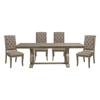 Classic Luxury Dining 5pc Extendable Table and Chairs Set Button Tufted Upholstered Self-Storing Leaf Traditional Design Furniture