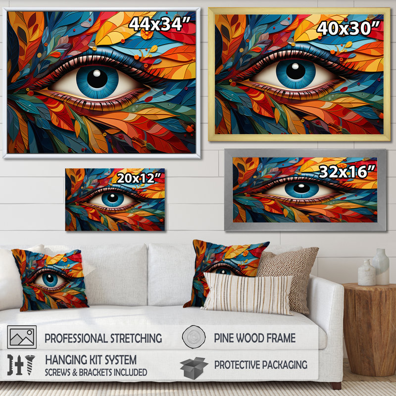 Symphonie des yeux sur feuille, Cadre simple argenté, H 16 po x l 32 po x P 1 po