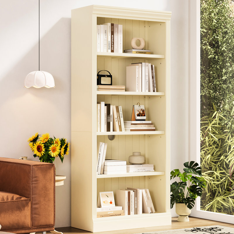 Bibliothèque décorative à 5 tablettes avec tablettes réglables, bande à DEL, trou pour câbles, 82,01 po de hauteur, beige et jaune, idéale pour la décoration intérieure