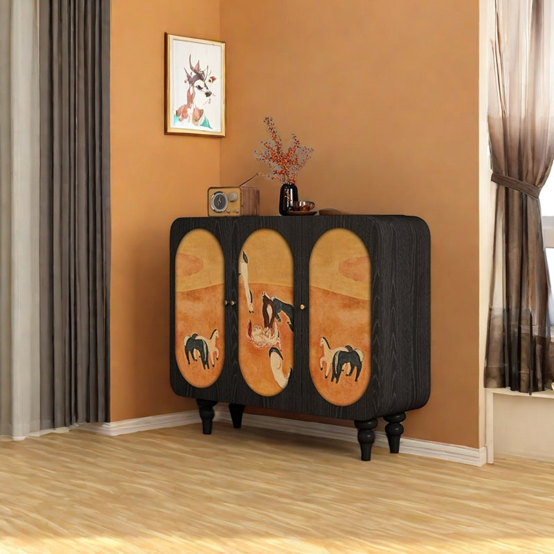 Buffet en bois massif avec art abstrait, Noir, noir, noir, noir