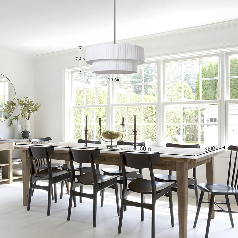 Lustre à tambour moderne de 50 cm (20 po), suspension à 3 lumières en tissu plissé à la main, abat-jour blanc et finition nickelée, plafonnier semi-encastré à 2 niveaux pour salle à manger, cuisine ou chambre.