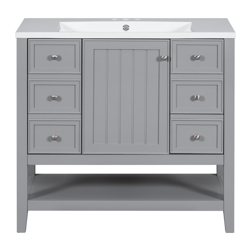 Meuble-lavabo de 36 po avec lavabo, une armoire et trois tiroirs, bois massif et panneau de fibres à densité moyenne, gris