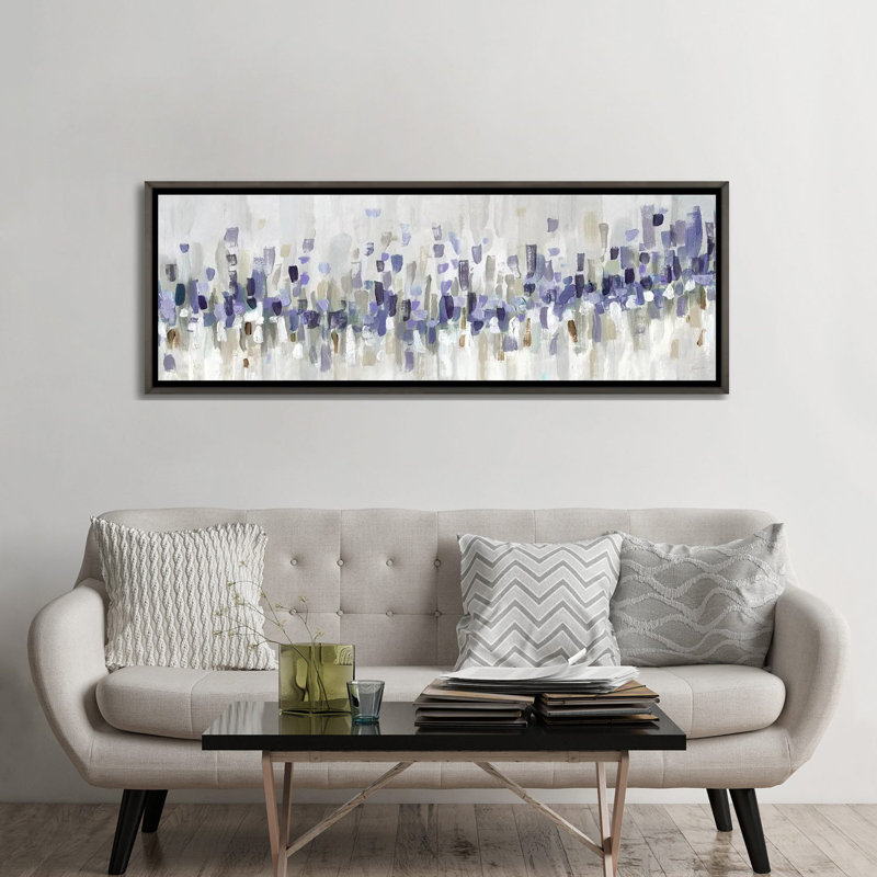 «Blue Staccato - Blue» par Katrina Craven, H 24 po x l 72 po, Cadre flottant classique en bois