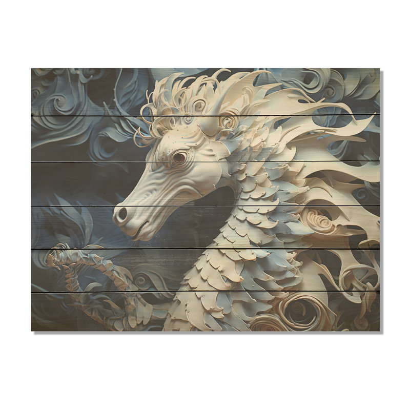 Underwater Seahorse Elegance - Seahorse Wood Art On Natural Pine Wood, 10" H x 20" W