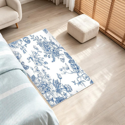 Blue Machine Washable,Seamless Vintage with Bouquet of Indoor Area Rug