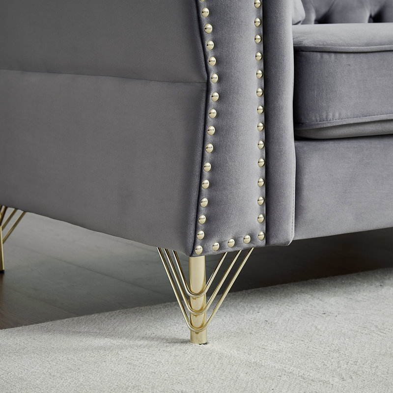 Canapé en velours avec têtes de clou et coussins 60,2 po Cohron, Gris