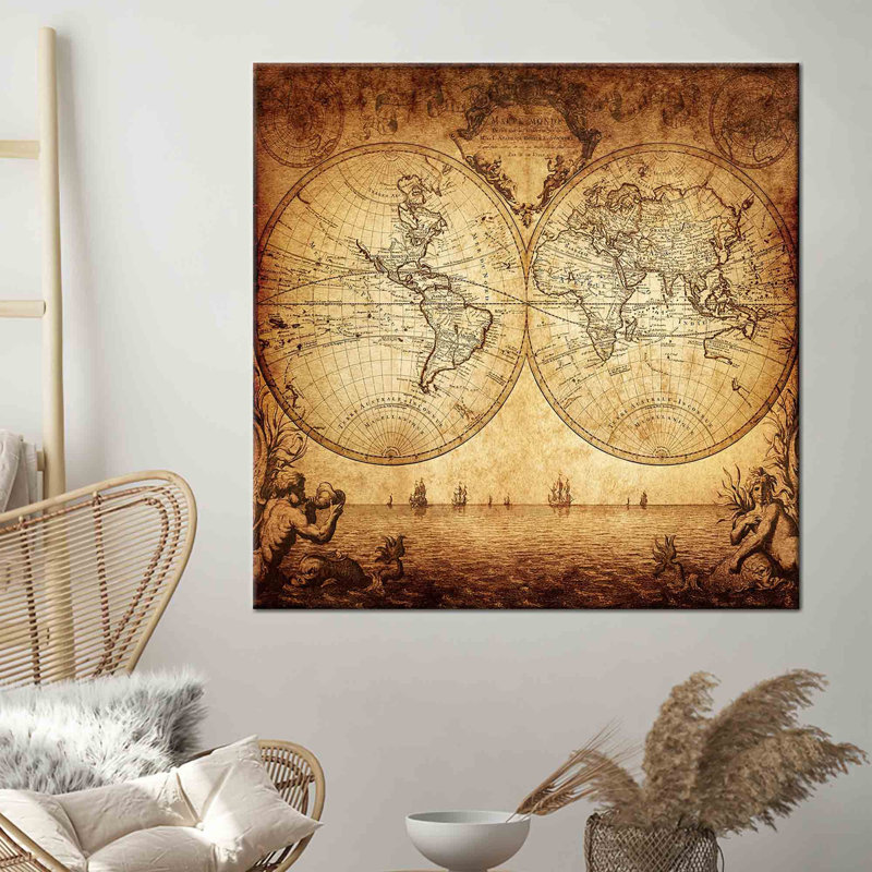 «Old World Map Design» sur toile en coton, art mural brun pour rehausser l'esthétique des décorations de maison et de bureau