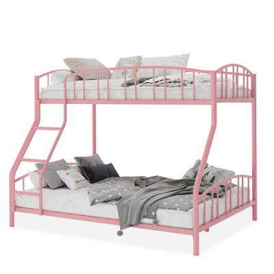 Space-Saving Twin Over Full Metal Bunk Bed - Heavy Duty Steel Frame with Ladder & Arched Guardrail - Sturdy Slats, Safe for Kids & Teens, No Box Spring Needed,Pink (2-Parcel sent)