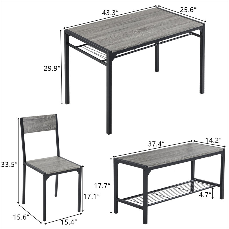 Ensemble de salle à manger compact de 4 pièces avec plateau en bois massif, banc et 2 chaises pour petits espaces, rectangulaire