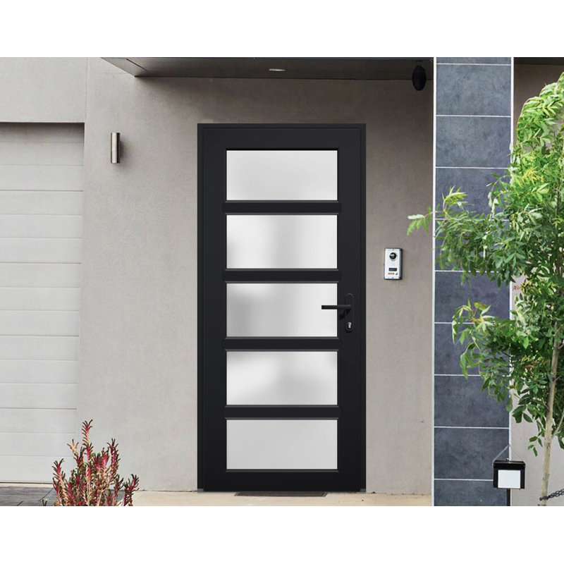 Façade extérieure en verre givré pré-suspendu Fibre de verre givré / Manux 8002 noir mat / Portes d'entrée commerciales et résidentielles pour bureau - l 36 po x H 80 po - Gauche