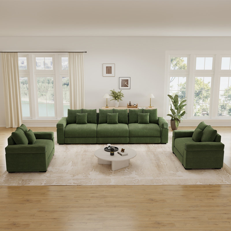 Canapé d'angle modulaire Cloud surdimensionné, 3 places de 330 cm + deux fauteuils individuels de 138 cm, larges accoudoirs robustes, velours côtelé texturé rayé, assise profonde, design ergonomique, grand espace de vie, vert