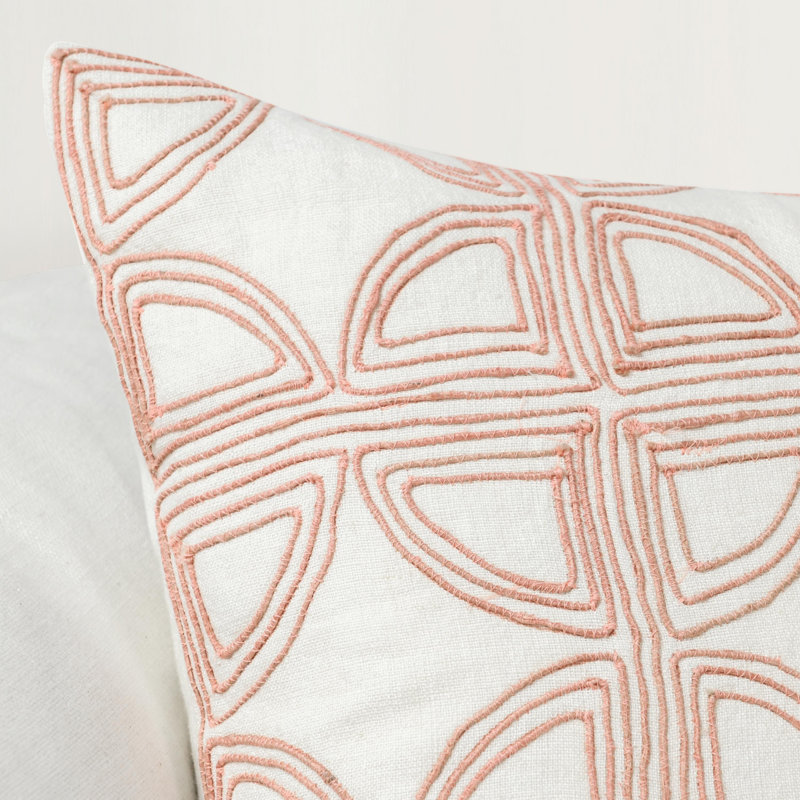22" Pink and Ivory Geometric Embroidered Linen Square Pillow