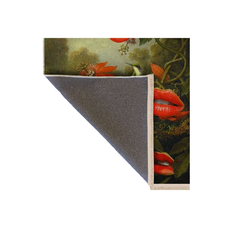 Tapis décoratif moderne vert et rouge à motif de fleurs et d'oiseaux, Sous-tapis rectangulaire de 3 pi 3 po x 4 pi 11 po