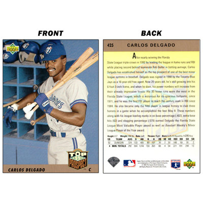 Carte de baseball Carlos Delgado Rookie Card - pont supérieur des Blue Jays de Toronto (3,5 po x 2,5 po)