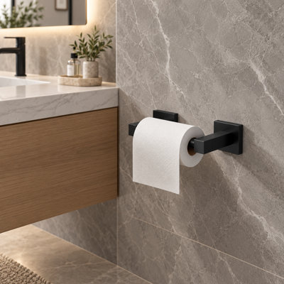 Matte Black Wall Mounted Toilet Paper Holder, Dual Mount Modern Bathroom Toilet Roll Holder