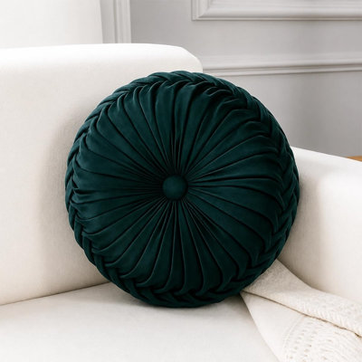 Emerald Velvet Pintucked Filled Throw Pillow 15" Round