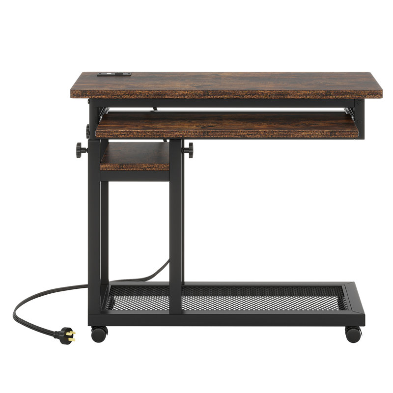 28"-39.3" Height Adjustable Portable Desk With Power Outlet & USB Ports, Rolling C-Shaped Side Table With Keyboard Tray, Small Standing Desk With Wheels For Sofa, Bedside, Or Home Office – Brown