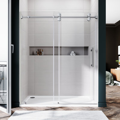 UKS04 61 to 65 in. x 76 in. H Frameless Single Sliding Shower Door with U-Chanel and 3/8 in. (10mm) Clear Glass in Brushed Nickel