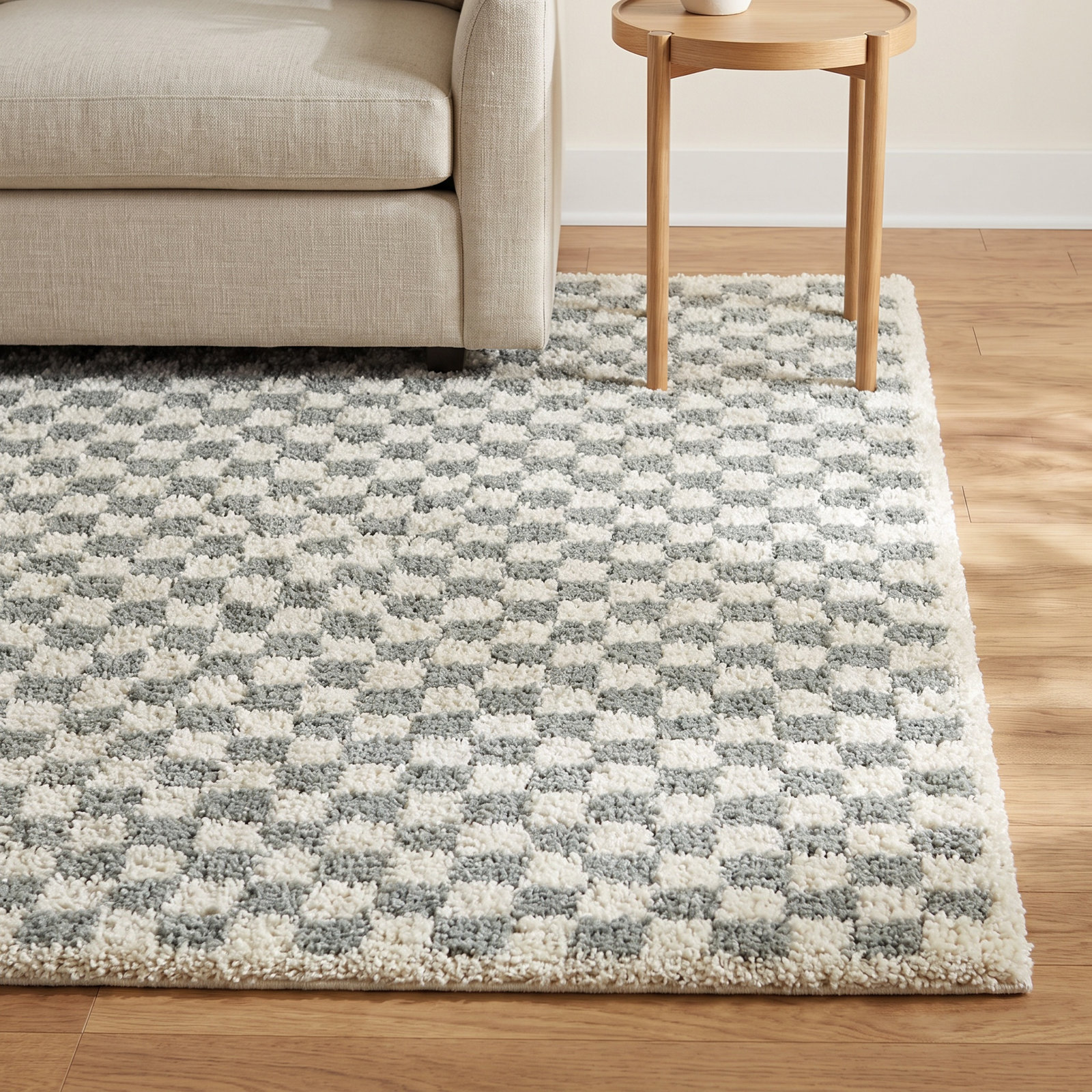 Walker Sage Cream Checkered Shag Rug, Rectangle 7'10" x 10'