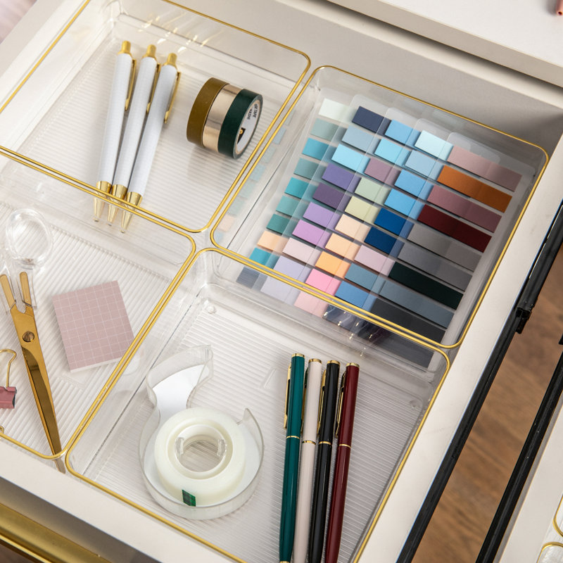 Martha Stewart Kerry Plastic Stackable Office Desk Drawer Organizers with Metallic Trim, 6" x 6"