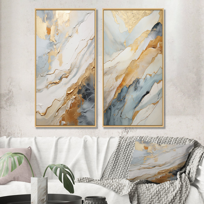 Ensemble de 2 décorations murales beiges et dorées Glacier Stone Simplicity, H 40 po x l 41 po, Encadrement brun