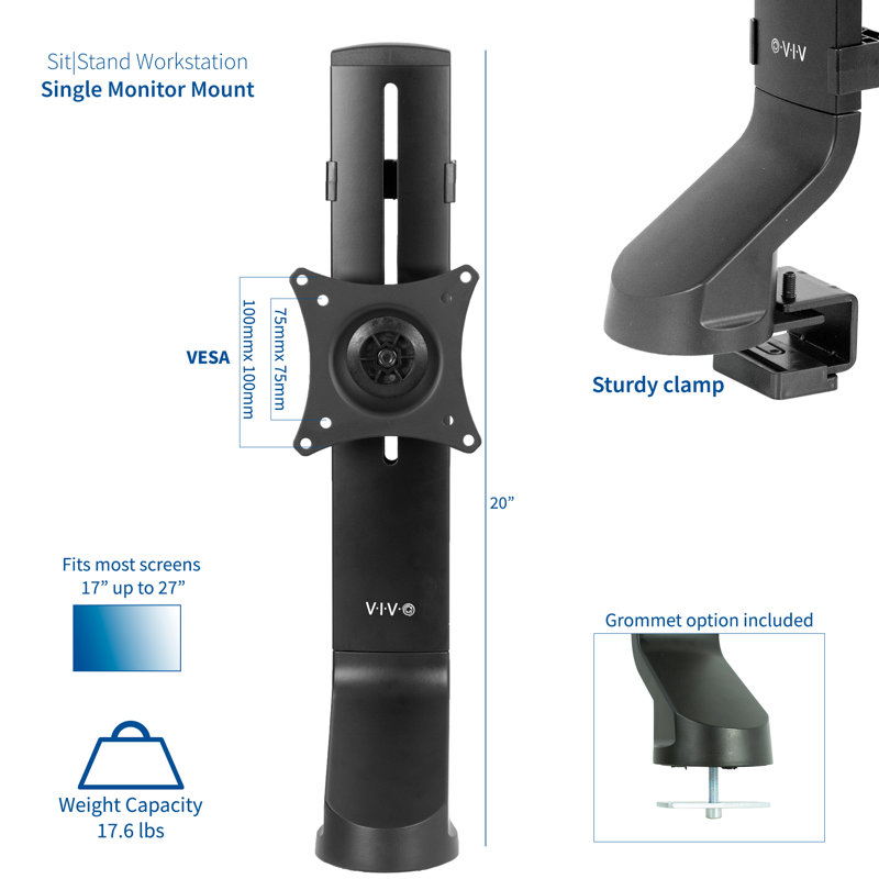 Black Steel Adjustable Single Monitor Mount for Standing Desk
