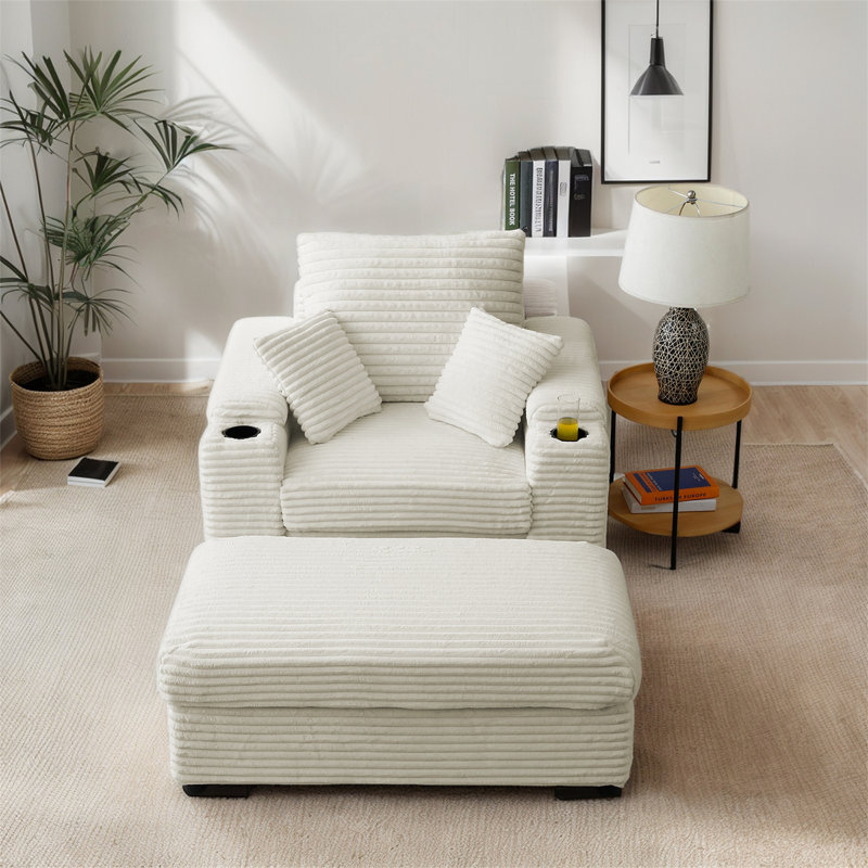 Chaise longue rembourrée avec repose-pieds, Tissu crème