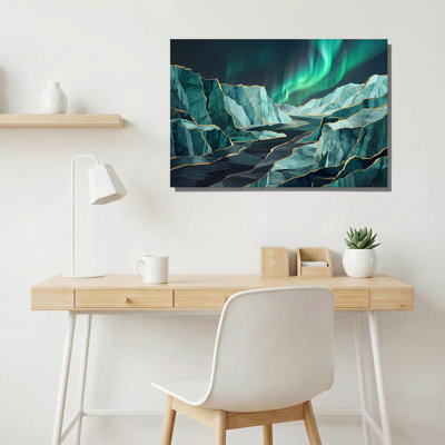 Art mural sur toile dorée avec glacier fracturé sous une aurore verte