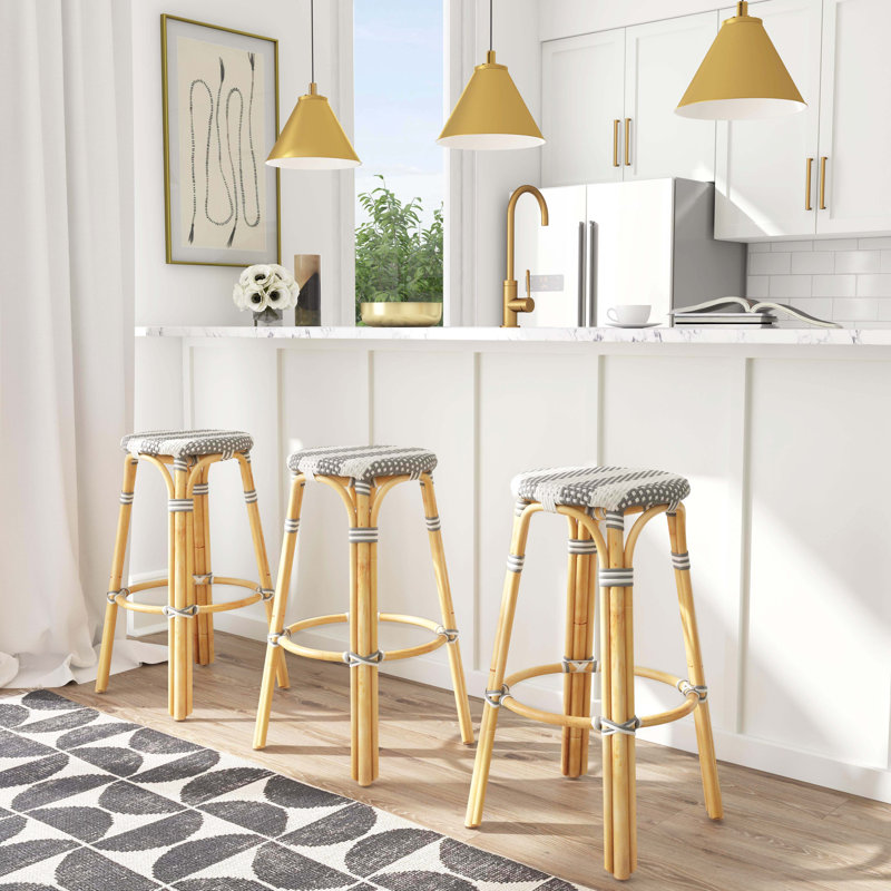 Alastair Hand-Woven Rattan Bar & Counter Stool, Bar Stool (30" Seat Height), Gray/White Stripe/Natural Rattan Frame