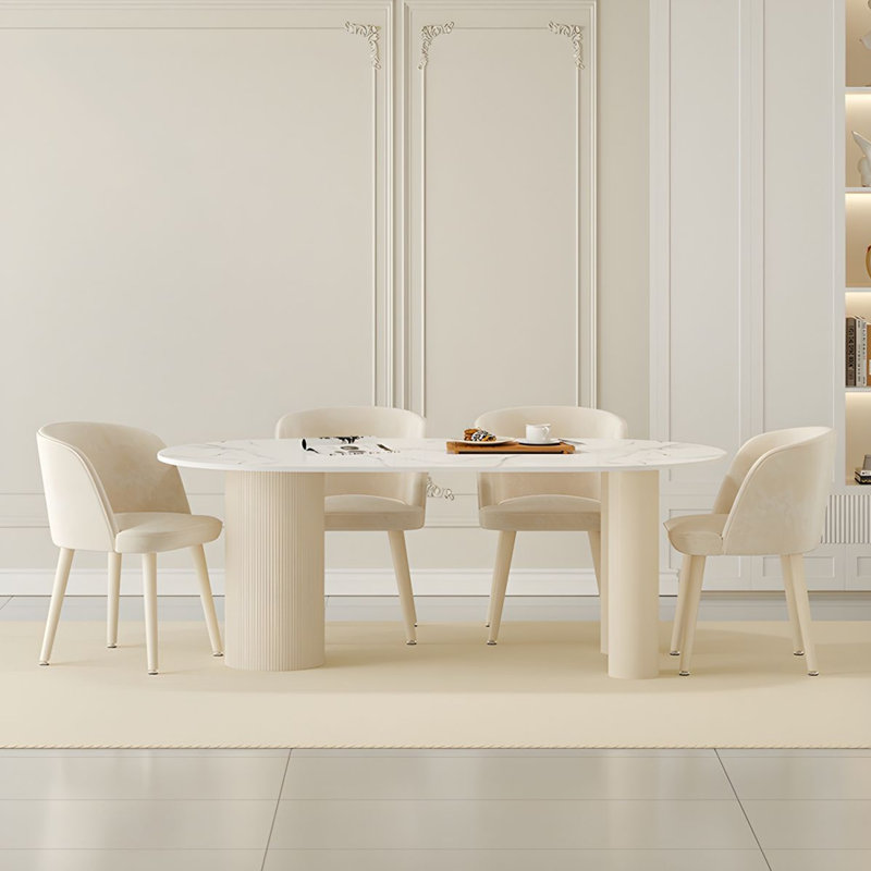 Lexly Pedestal Modern Cream Color Dining Table, Roman Column, 35.4'' W x 71'' L