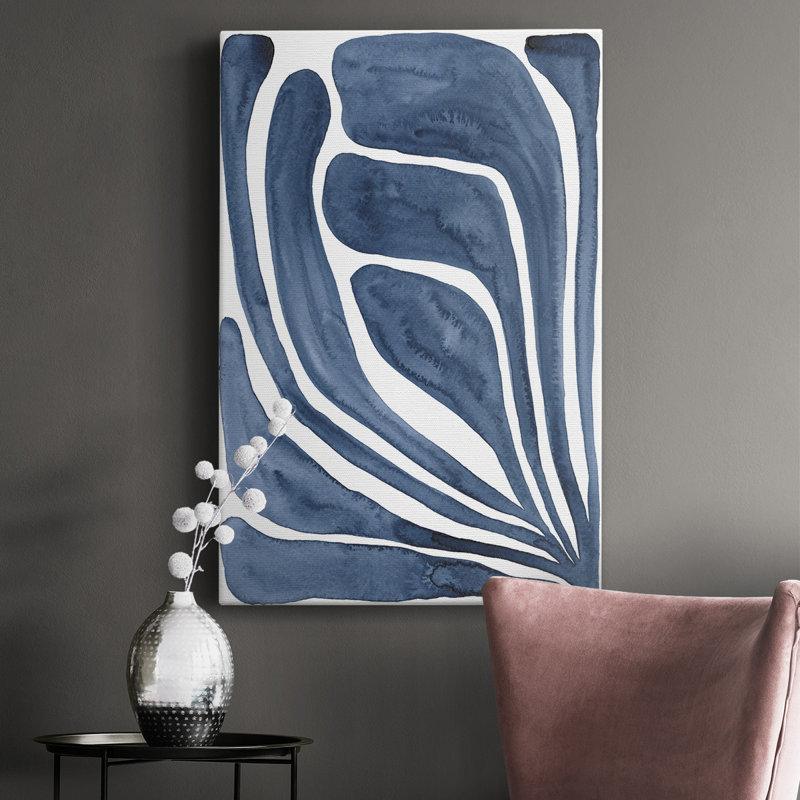 Feuille bleue stylisée I - peinture sur toile tendue, H 36 po x l 24 po x P 1 po