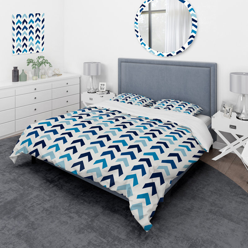 Ensemble de housse de couette géométrique à chevrons géométriques dans des tons de bleu I - Polyester en microfibre