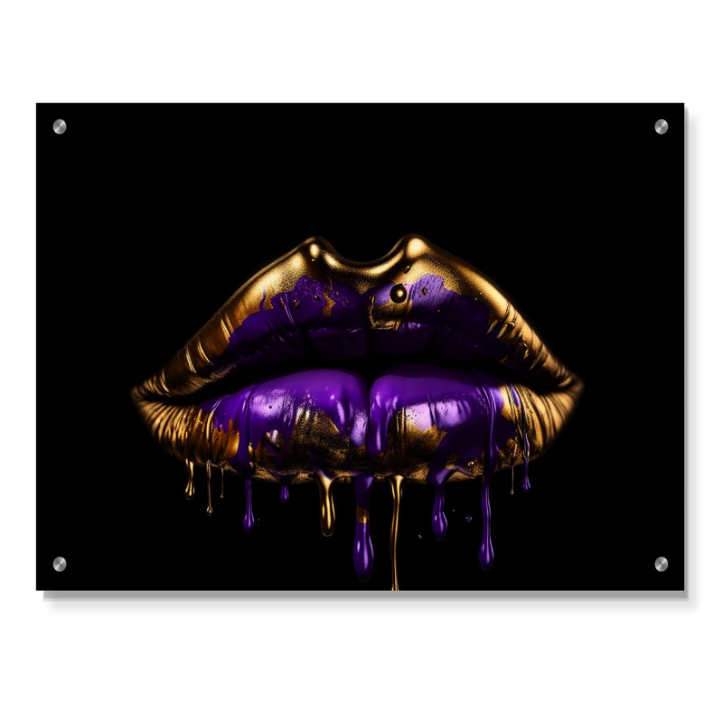 Lèvres dorées de luxe III - décoration murale mode acrylique, H 16 po x l 32 po