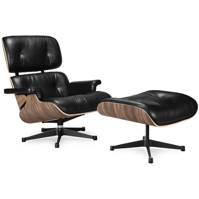 Méridienne pivotante avec repose-pieds en cuir fleur 32,5 po Theisen, Cuir véritable noyer, Noir