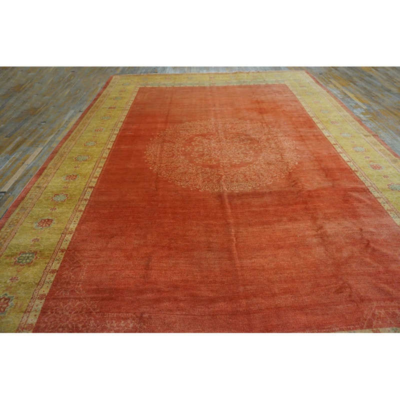Decorative Coral Color Large Antique Turkish Oushak Floral Medallion Hand Knotted Pile Rug