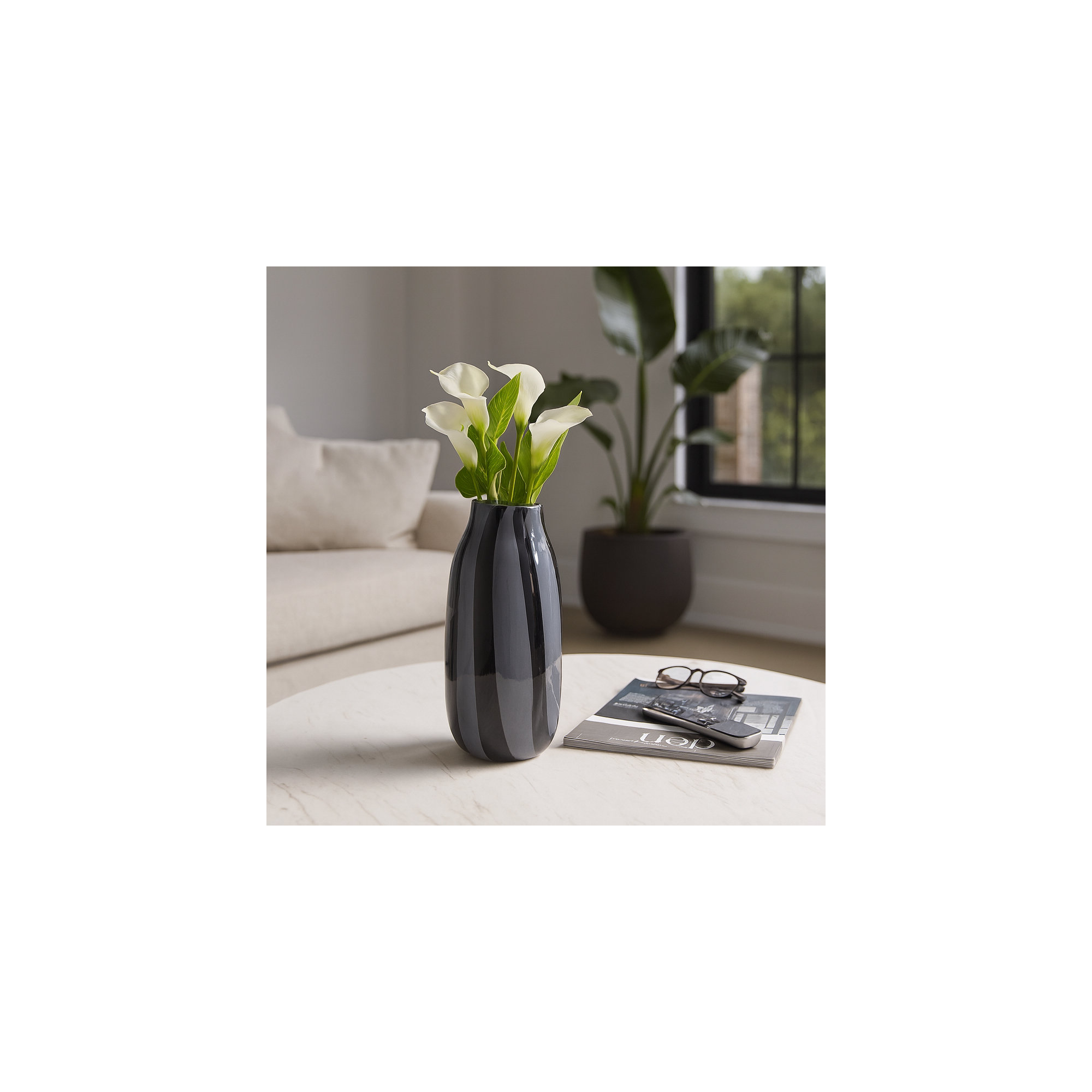 Mele Modern Striped Glass Vase, Black/Gray, 12" H x 6" W x 5" D