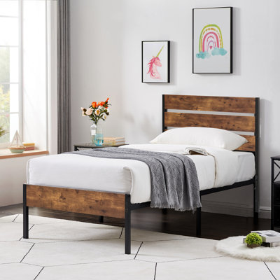 Alicia Twin Metal Bed Frame with Wooden Headboard & Footboard, Rustic Industrial Farmhouse Platform Bed with Heavy Duty Steel Support, No Box Spring Required, Under Bed Storage, Noise-Free Mattress Foundation, Brown