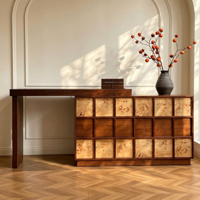 Mid‑Century Makeup Vanity with Storage Drawers,Extendable Wood Vanity Desk with Flip‑Top Mirror