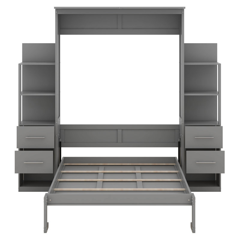 Lit escamotable double avec tablettes, gris