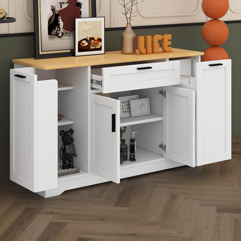 Îlot de cuisine avec tiroir, buffet avec support coulissant à 3 niveaux, armoire de rangement avec tablettes réglables et tablette de porte