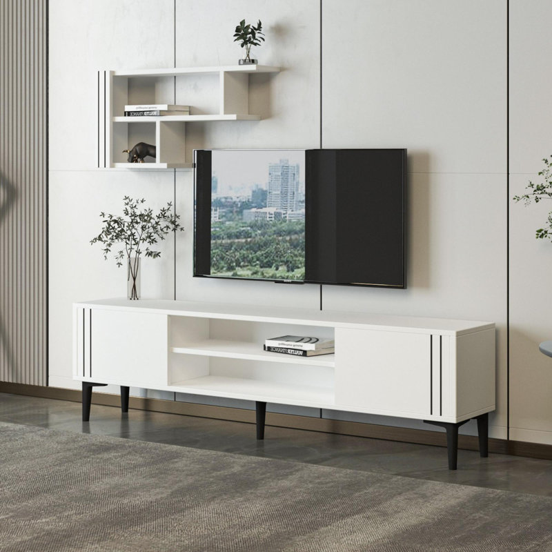 Modern White TV Unit with Wall Shelf, 55.1 x 17.6 x 11.6 in | 100% Melamine Coated Particle Board, Thickness: 0.7 in | Scandinavian Design, Stylish Storage Solution for Living Room & Entertainment Spaces