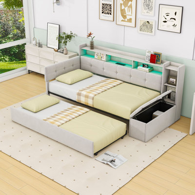 Upholstered Daybed with Trundle Bed, Storage and LED Lights
