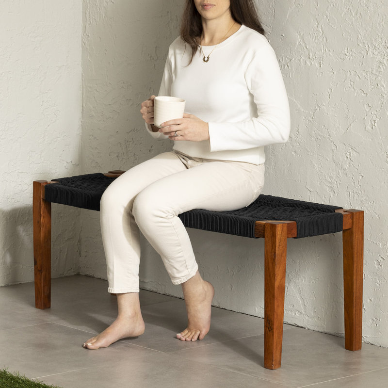 Black and Natural Acacia Wood and Rope Bench